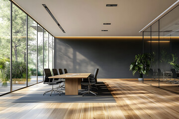 Wall Mural - Modern conference room with wooden floor, glass walls, and contemporary furniture in bright, spacious office interior. 3D Rendering