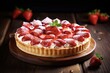 © Maryna - Delicious Homemade Strawberry Pie with Cream on Rustic Wooden Table. Traditional Gourmet Tart Cake Sweet Baked Pastry Food