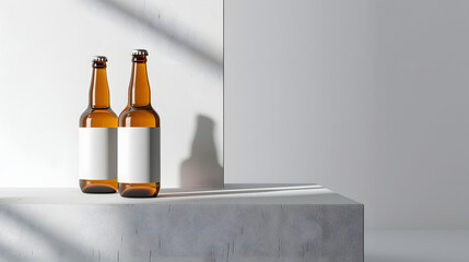 Two empty beer bottles resting on a concrete surface in a minimalistic indoor setting with soft natural light