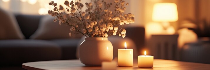 Wall Mural - Cozy living room ambiance with candles, flowers, and soft lighting creating a warm atmosphere