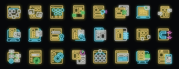 Glowing neon icons illustrating various aspects of website development, from coding and design to marketing and analytics