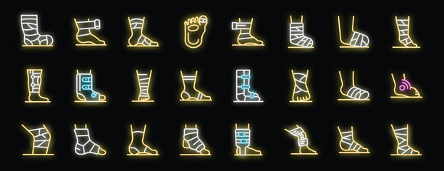 Poster - Neon icons depicting injured legs with bandages and casts, symbolizing various foot and ankle injuries