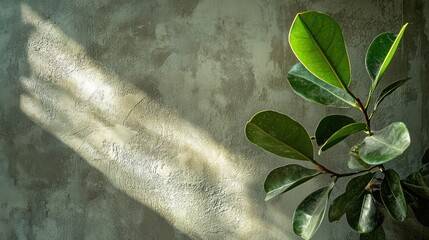 Wall Mural - Green leaves against textured wall with sunlight.