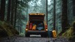 © Sawyer0 - Surrounded by the serene forest, an SUV with its trunk open displays sleeping bags, tents, and other camping essentials.