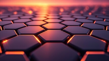 Wall Mural - Hexagonal surface at sunset with glowing edges.