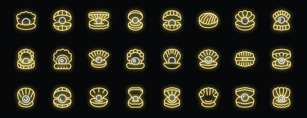 Wall Mural - Glowing neon pearl oyster icons set, collection of bright luminous open shell with pearl pictograms in various styles on black background