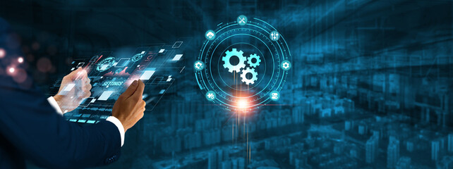 Wall Mural - settings: businessman holding virtual interface panel of digital device on global networking, custom