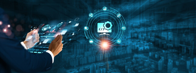 Wall Mural - software development: businessman holding virtual interface panel of digital device on global networ