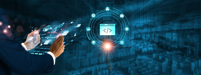 Wall Mural - web development: businessman holding virtual interface panel of digital device on global networking,