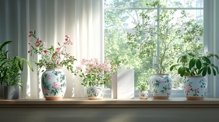 Wall Mural - Pink flowers, plants in vases on windowsill, sunny outdoor view.