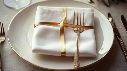 A white linen napkin with a golden ribbon wrapped around it, placed on top of an elegant plate, ready for the dinner table setting. 