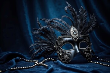 Wall Mural - Elegant black masquerade mask with feathers and pearls on rich blue fabric