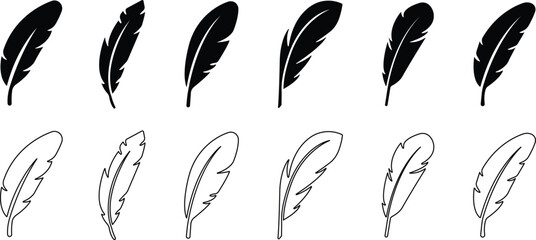 Bird feather icons set. Simple black symbols with different feathers from bird wings. Flat line style vector for apps website isolated on transparent background