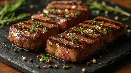 Wall Mural - closeup of perfectly marbled wagyu beef steak with fresh herbs peppercorns and garlic styled with dramatic chiaroscuro lighting