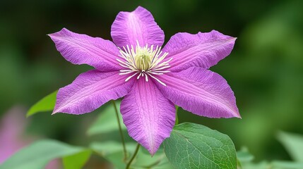 Wall Mural - Purple clematis blooming in garden, blurred green background.