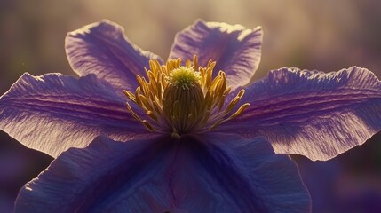 Wall Mural - Purple clematis flower close-up in field at sunset.