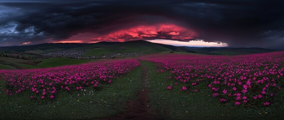 Wall Mural - In the heart of summer, pink magic rhododendron flowers grace the mountain slopes. Above, the sky is a clear blue with cotton candy clouds. You are looking at the Chornohora ridge in the Carpathians