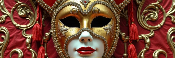 Wall Mural - Ornate venetian mask with gold and red details on decorative background