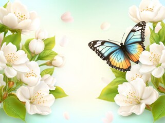 Wall Mural - Springtime close-up featuring a stunning butterfly on an apple tree branch, framed by a light blue and pink background