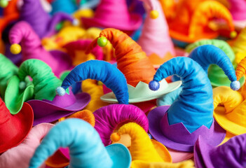 Set of vibrant jester hats in various colors.