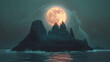 © Thiago - Mysterious offshore structures illuminated by a giant moon in a dark rocky bay, digital art of fantasy scenery concept. Midnight Harbor. Illustration