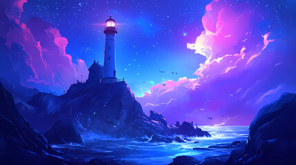 Wall Mural - night lighthouse sea