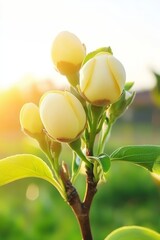 Poster - During sunrise or sunset, young green leaves grow on a forest branch, forming a boke bokeh scene with sunlight