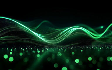 Wall Mural - abstract glowing green light waves on a dark background.