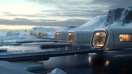 Wall Mural - A cutting-edge modular research station in an arctic landscape, featuring insulated units connected by covered walkways. Midnight Harbor. Illustration