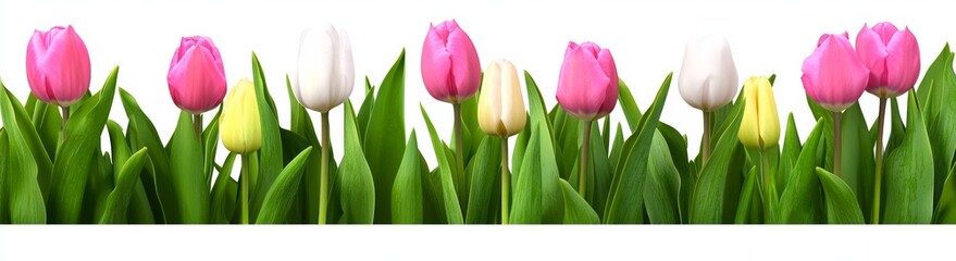 Poster - An isolated border of red, yellow, and white tulip flowers and leaves sits on a flat background