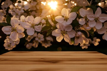 Poster - Spring green meadow as the backdrop, an empty wooden table ready for product placement, nature softly blurred and space for copy