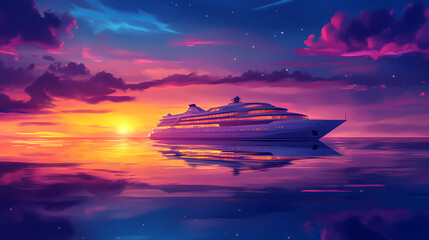 Wall Mural - A stunning cruise ship illuminated against a serene twilight backdrop, reflecting on calm ocean waters, embodying luxury travel at sunset. Midnight Harbor. Illustration