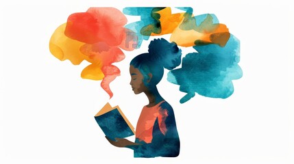 watercolor girl reading book - a young girl engrossed in a book, symbolizing imagination, knowledge,