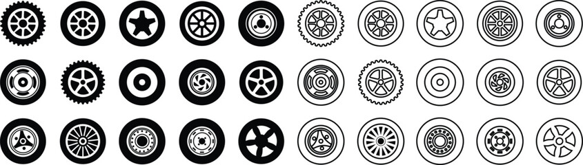 Wheel tires icon in flat line set. Black rubber wheel tire disks auto service vector for apps or website vehicle or automobile tire alloy wheel with rim isolated on transparent background