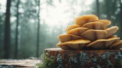 Wall Mural - Wild mushrooms on stump in misty forest.