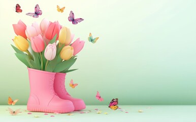 Poster - Spring-themed 3D rendering featuring a mint green rubber boot bursting with colorful flowers and buzzing with butterflies and bees, all on a mint green background, with space for text overlay