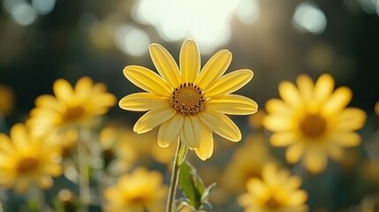 Wall Mural - Yellow flower blooming in field at sunset, blurred background.