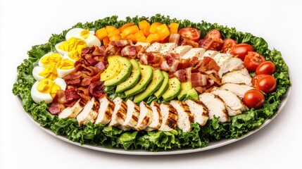 Wall Mural - A platter of colorful Cobb salad with rows of crisp lettuce, grilled chicken breast, bacon bits