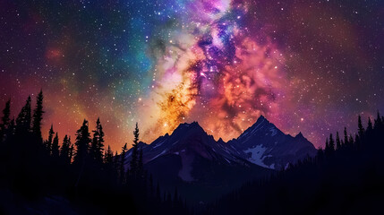 Wall Mural - a vibrant, colorful night sky with a starry galaxy above a silhouetted mountain range and forest. ob