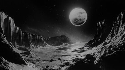 Wall Mural - Monochromatic celestial landscape with a planet and mountainous terrain in a night setting
