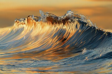 Poster - Golden hour ocean wave, textured and dramatic, with splashing crest.