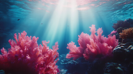 Wall Mural - Underwater coral reef scene with light beam ocean background. Radiant Reef. Illustration