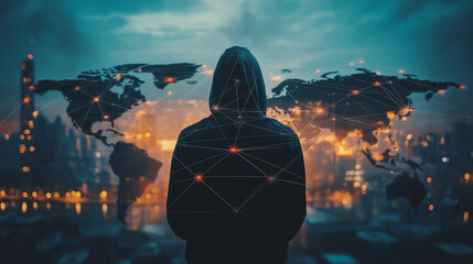 Hacker are planning to hack and attack networks and cyber security systems.team people innovation connection of line from nail node to node on map background , networking concept