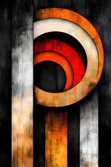 Sticker - A modern abstract design featuring concentric circles in red, orange, and white against a textured black background, showcasing geometric artistry.