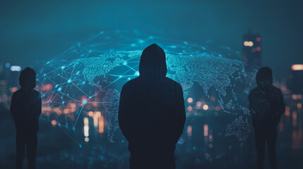 Hacker are planning to hack and attack networks and cyber security systems.team people innovation connection of line from nail node to node on map background , networking concept