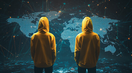 Hacker are planning to hack and attack networks and cyber security systems.team people innovation connection of line from nail node to node on map background , networking concept