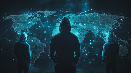 Hacker are planning to hack and attack networks and cyber security systems.team people innovation connection of line from nail node to node on map background , networking concept