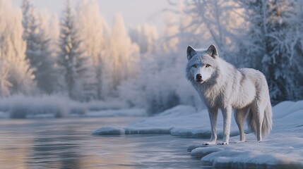  A lone wolf standing at the edge of a frozen river, with frost covering the trees in the background.