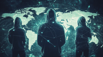 Hacker are planning to hack and attack networks and cyber security systems.team people innovation connection of line from nail node to node on map background , networking concept