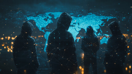 Hacker are planning to hack and attack networks and cyber security systems.team people innovation connection of line from nail node to node on map background , networking concept